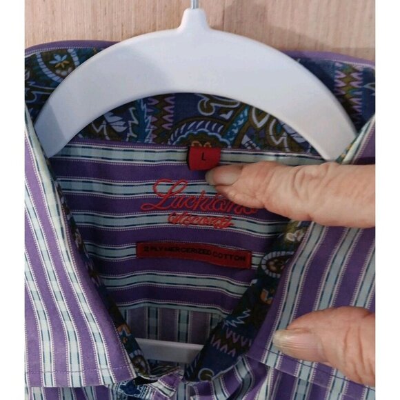 Luchiano Visconti (L) Mens Purple Striped Button Paisley Print Trim 2-ply Cotton - Picture 3 of 7